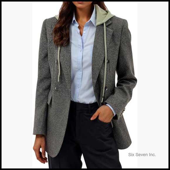 Hooded Blazer Jacket Double-Breasted Oversized Casual Full-Lined Work Office